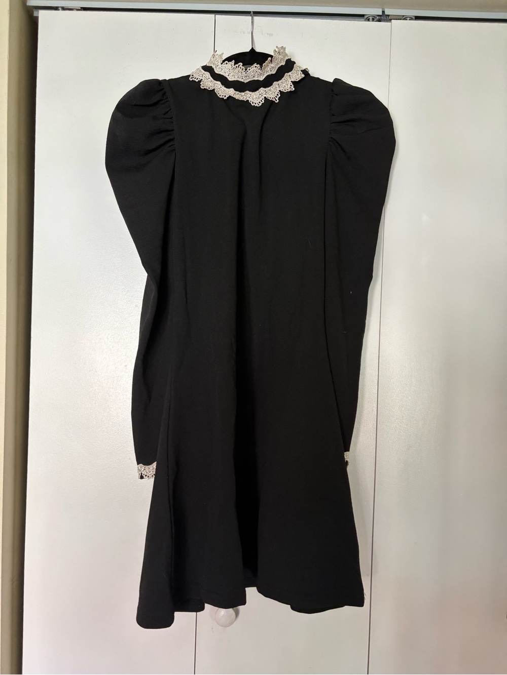 Widow Black Mini Dress with Cream Lace Collar and Cuffs
